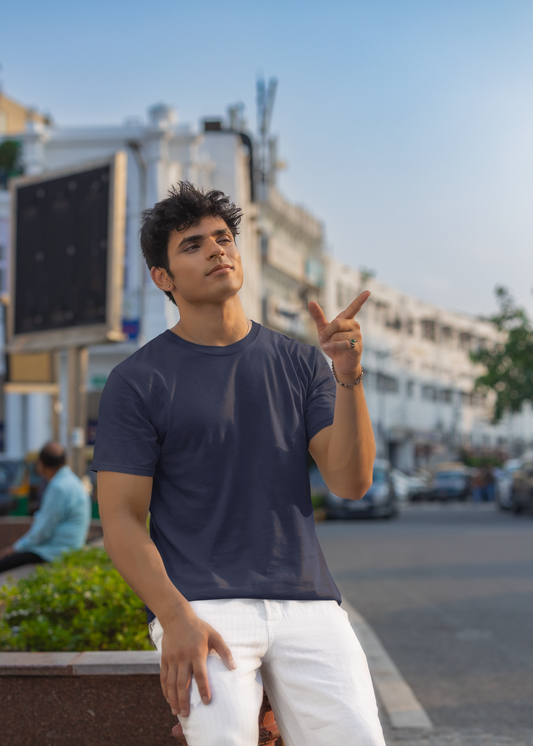 Round Neck Half Sleeve Plain T-Shirt - Dark Blue - Men