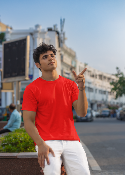 Round Neck Half Sleeve Plain T-Shirt - Red - Men