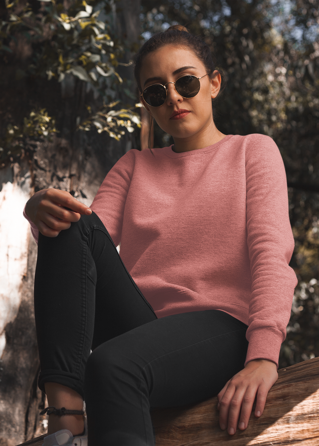 Round Neck Sweatshirt Plain - Coral - Women