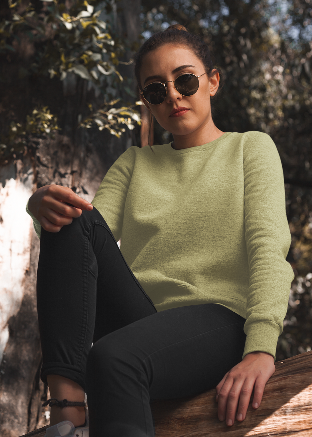 Round Neck Sweatshirt Plain - Olive Green - Women