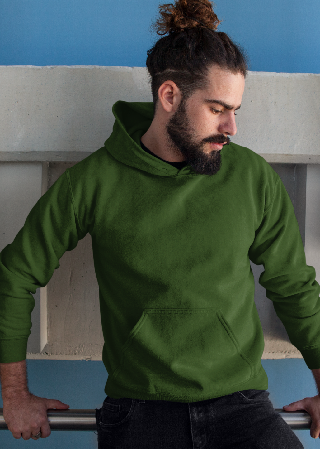 Hooded Plain Sweatshirt - Dark Green - Men