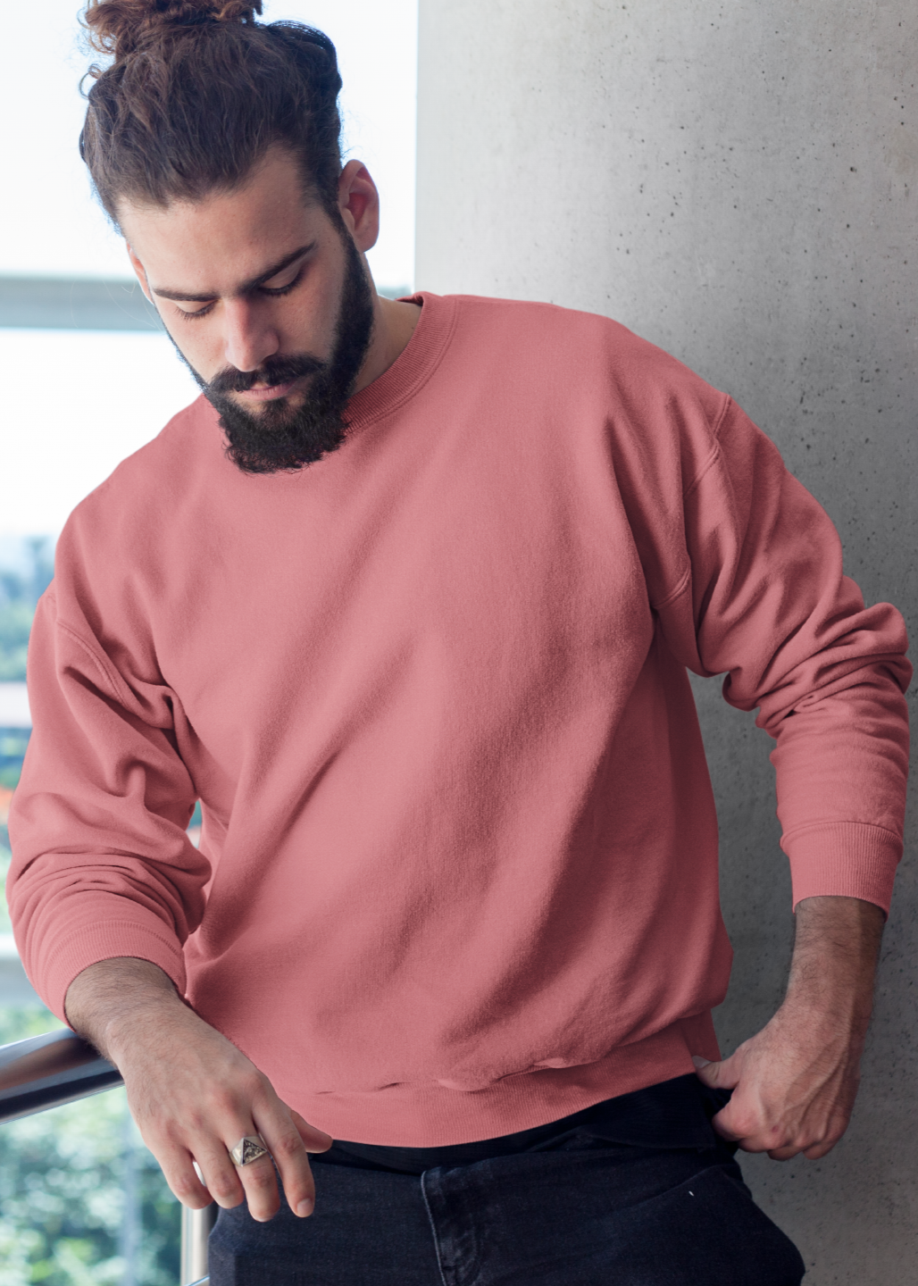 Round Neck Sweatshirt Plain - Coral - Men