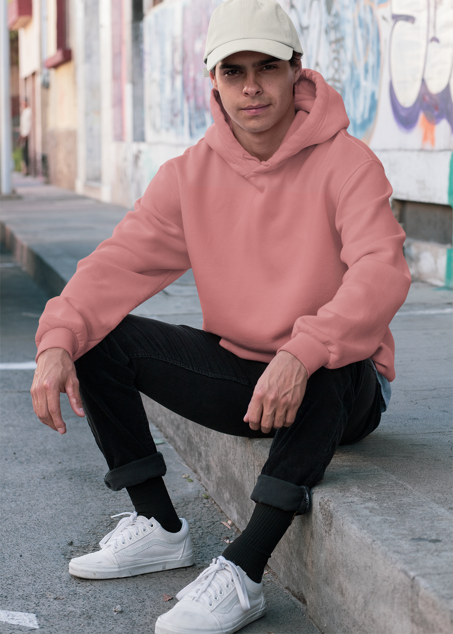 Hooded Plain Sweatshirt - Coral - Men