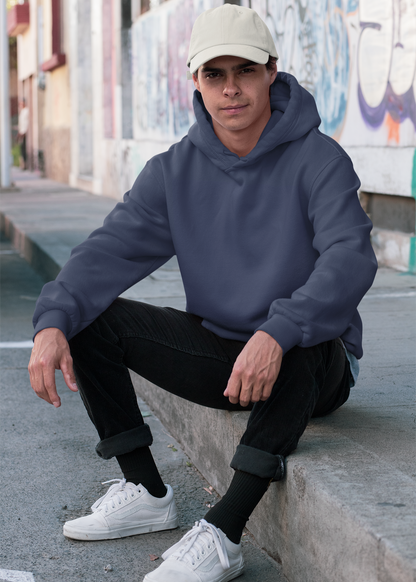 Hooded Plain Sweatshirt - Navy Blue - Men