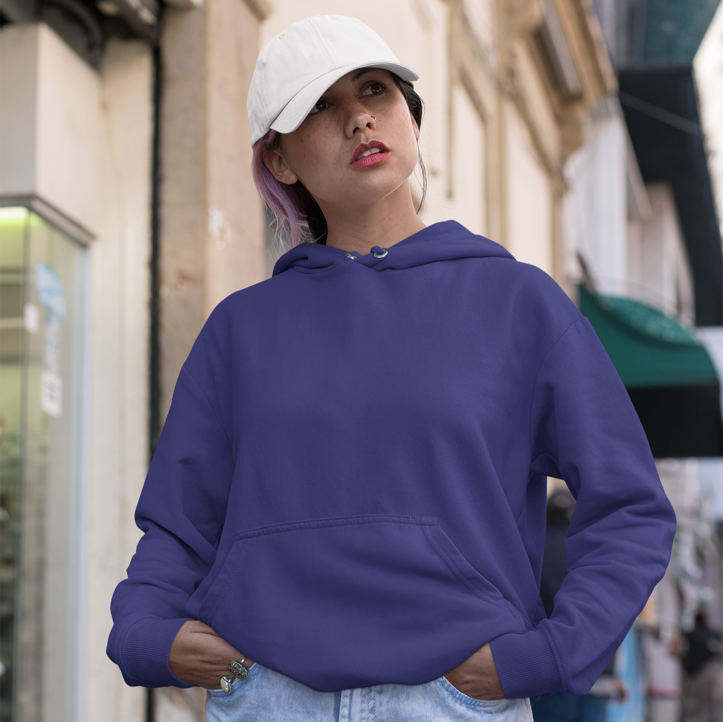 Hooded Plain Sweatshirt - Royal Blue - Women