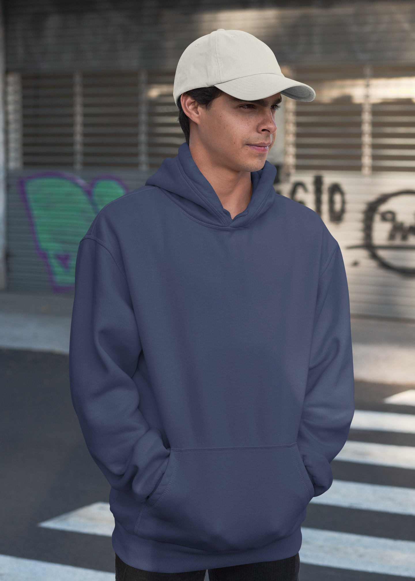 Hooded Plain Sweatshirt - Navy Blue - Men