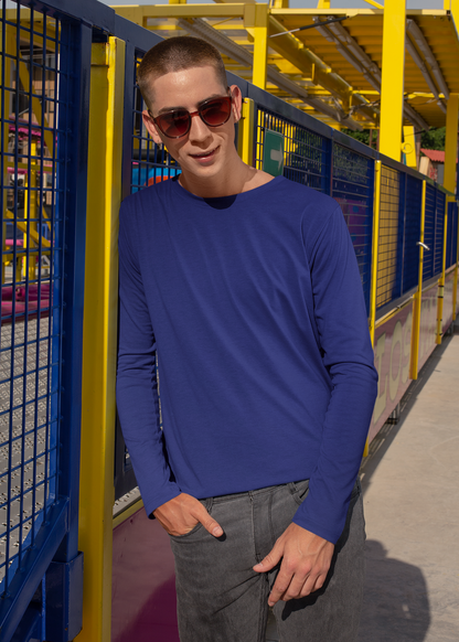 Round Neck Full Sleeve Plain T-Shirt - Royal Blue - Men