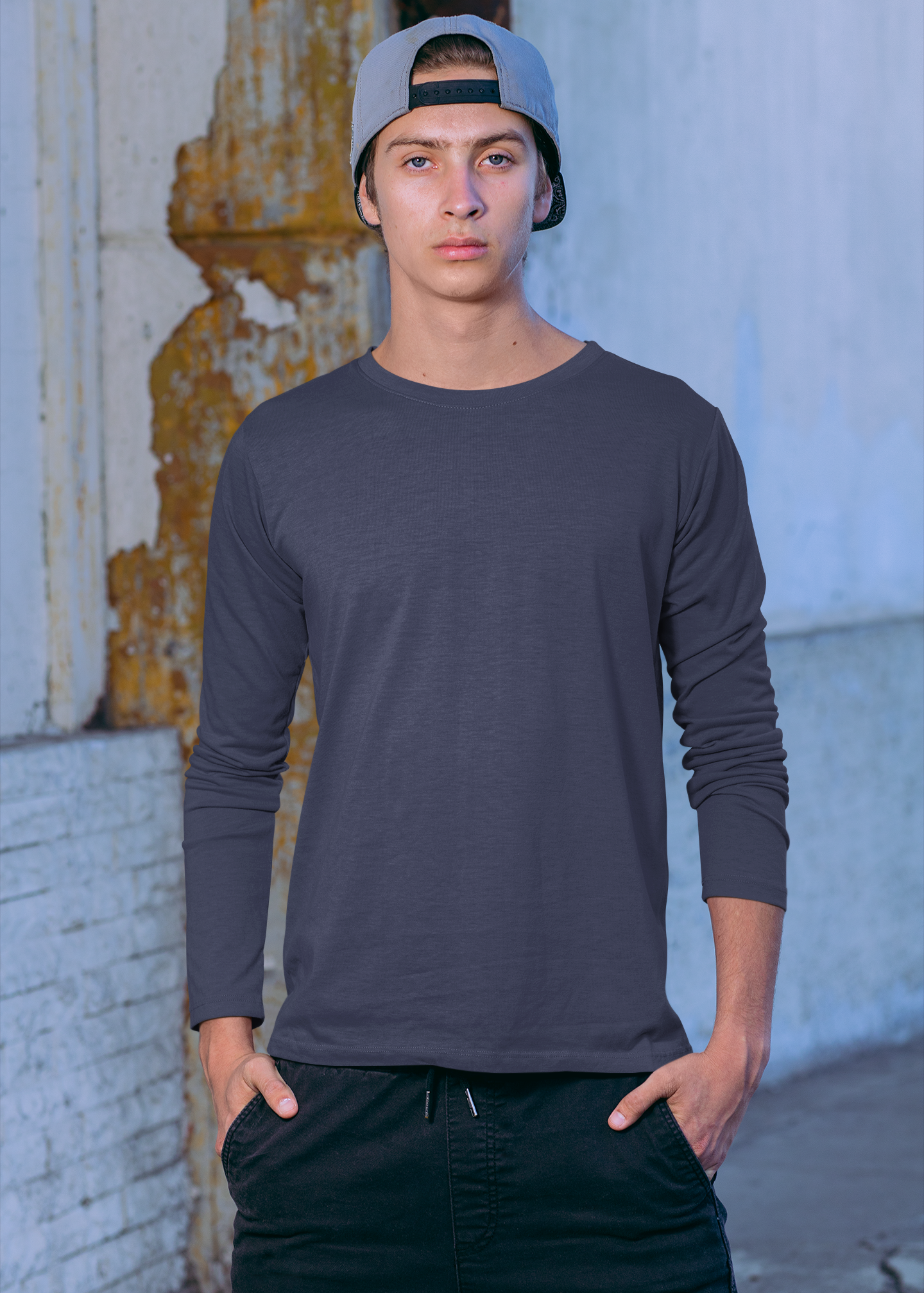 Round Neck Full Sleeve Plain T-Shirt - Navy Blue - Men