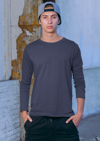 Round Neck Full Sleeve Plain T-Shirt - Dark Blue - Men