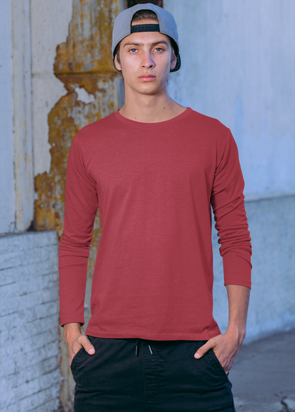 Round Neck Full Sleeve Plain T-Shirt - Maroon - Men