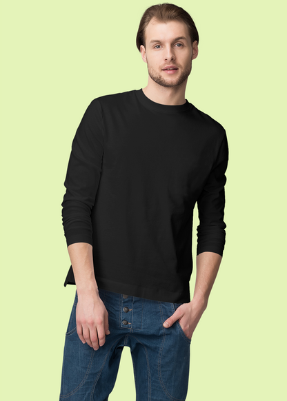 Round Neck Full Sleeve Plain T-Shirt - Black - Men