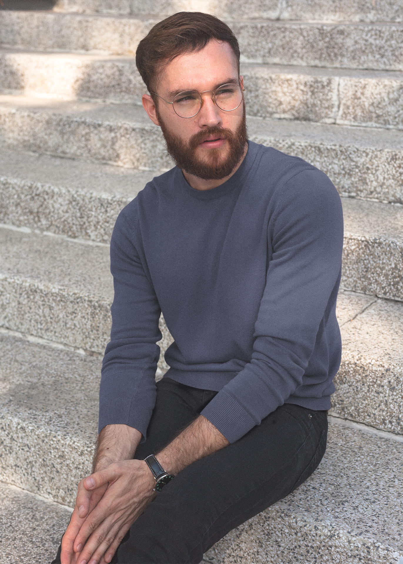 Round Neck Sweatshirt Plain - Navy Blue - Men