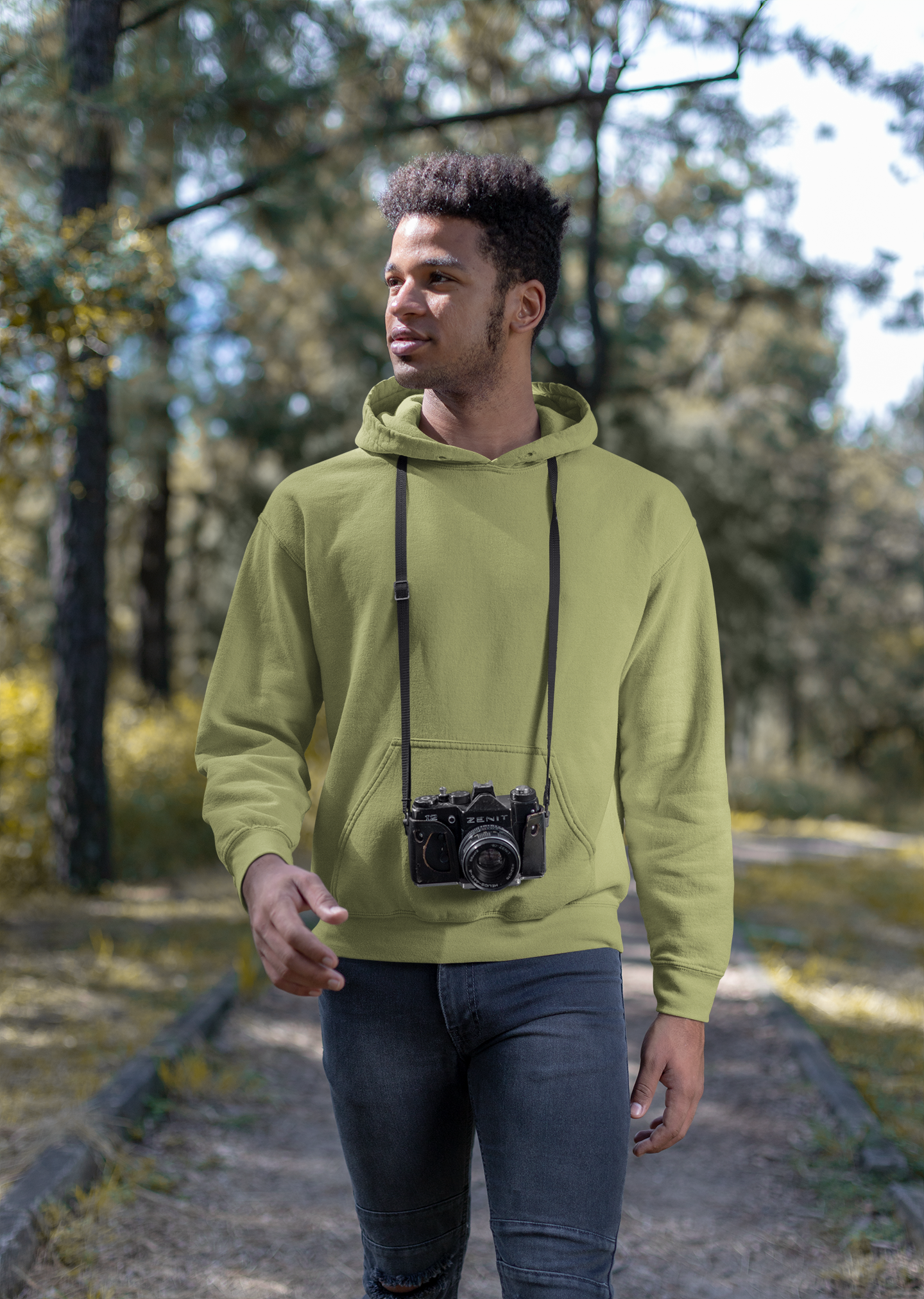 Hooded Plain Sweatshirt - Olive Green - Men