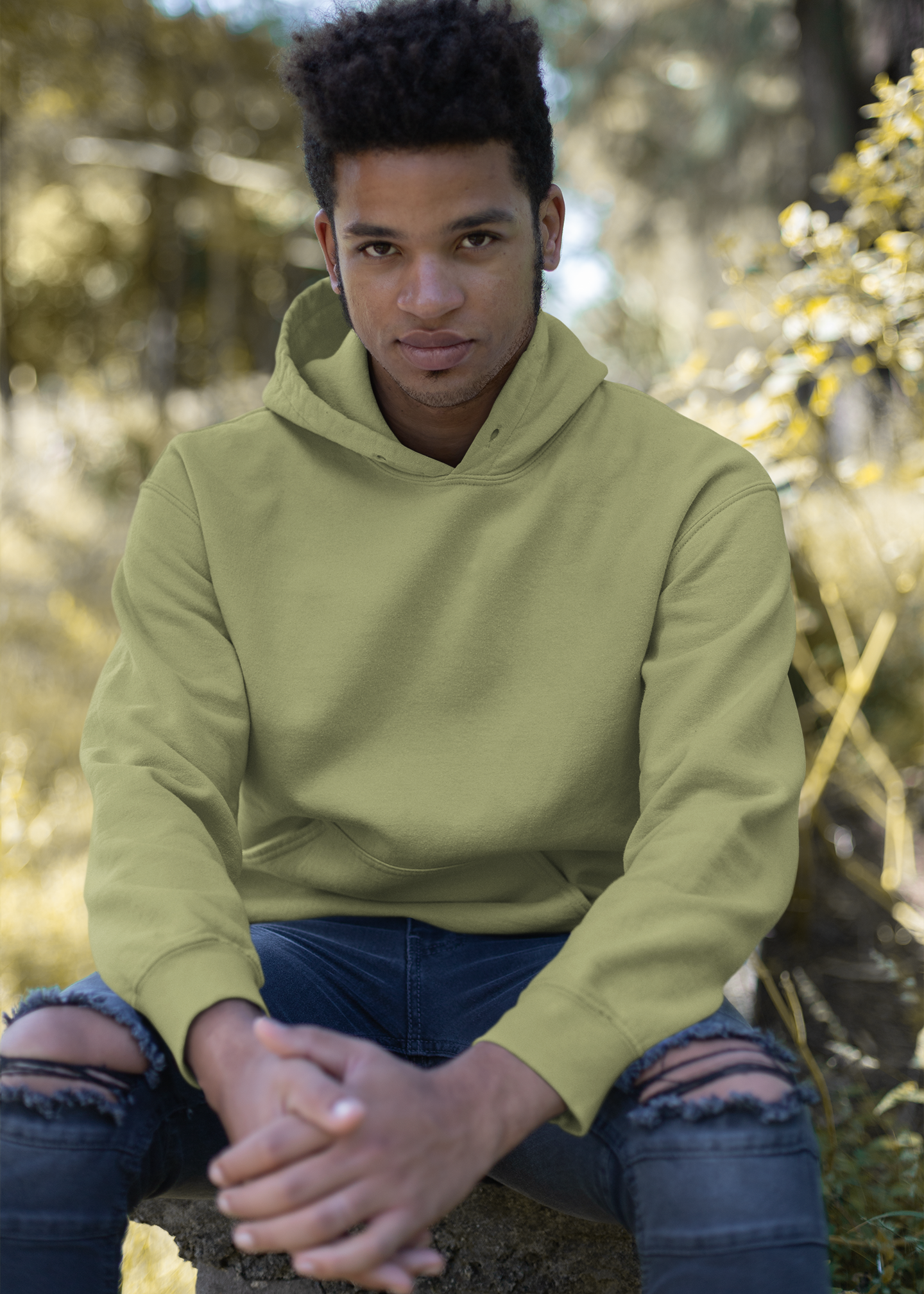 Hooded Plain Sweatshirt - Olive Green - Men