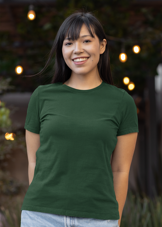 Round Neck Half Sleeve Plain T-Shirt - Dark Green - Women