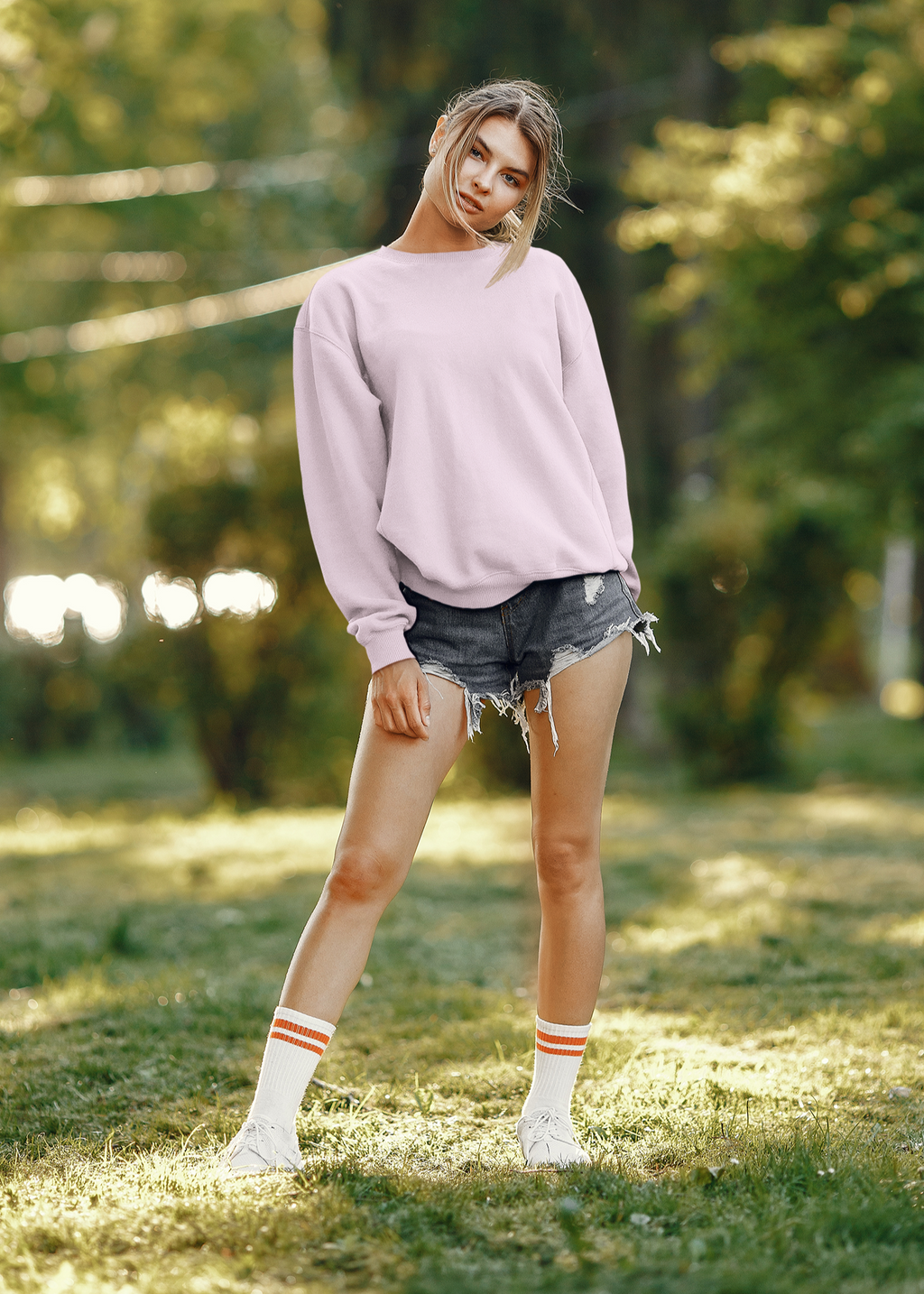 Round Neck Sweatshirt Plain - Baby Pink - Women