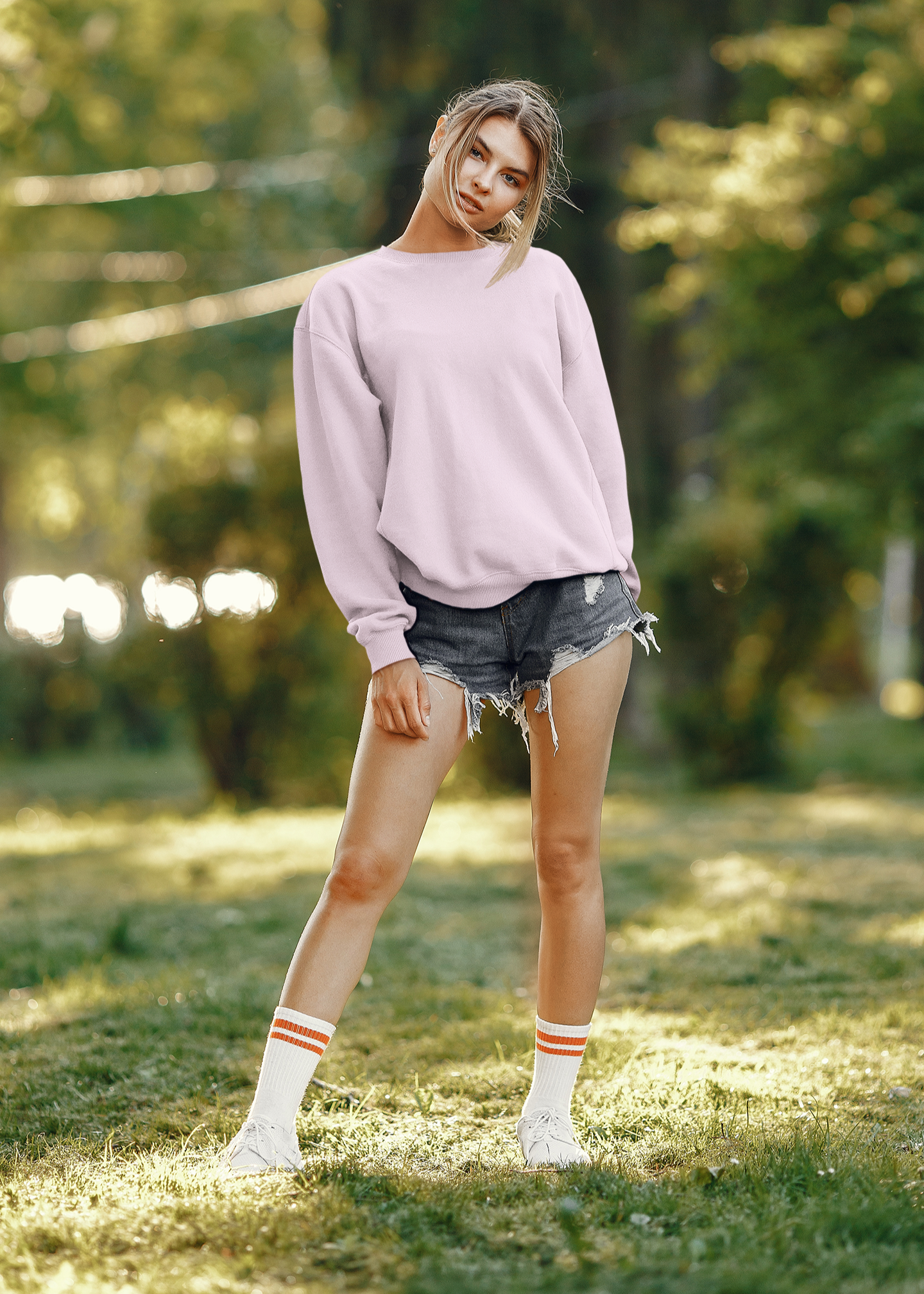 Round Neck Sweatshirt Plain - Baby Pink - Women