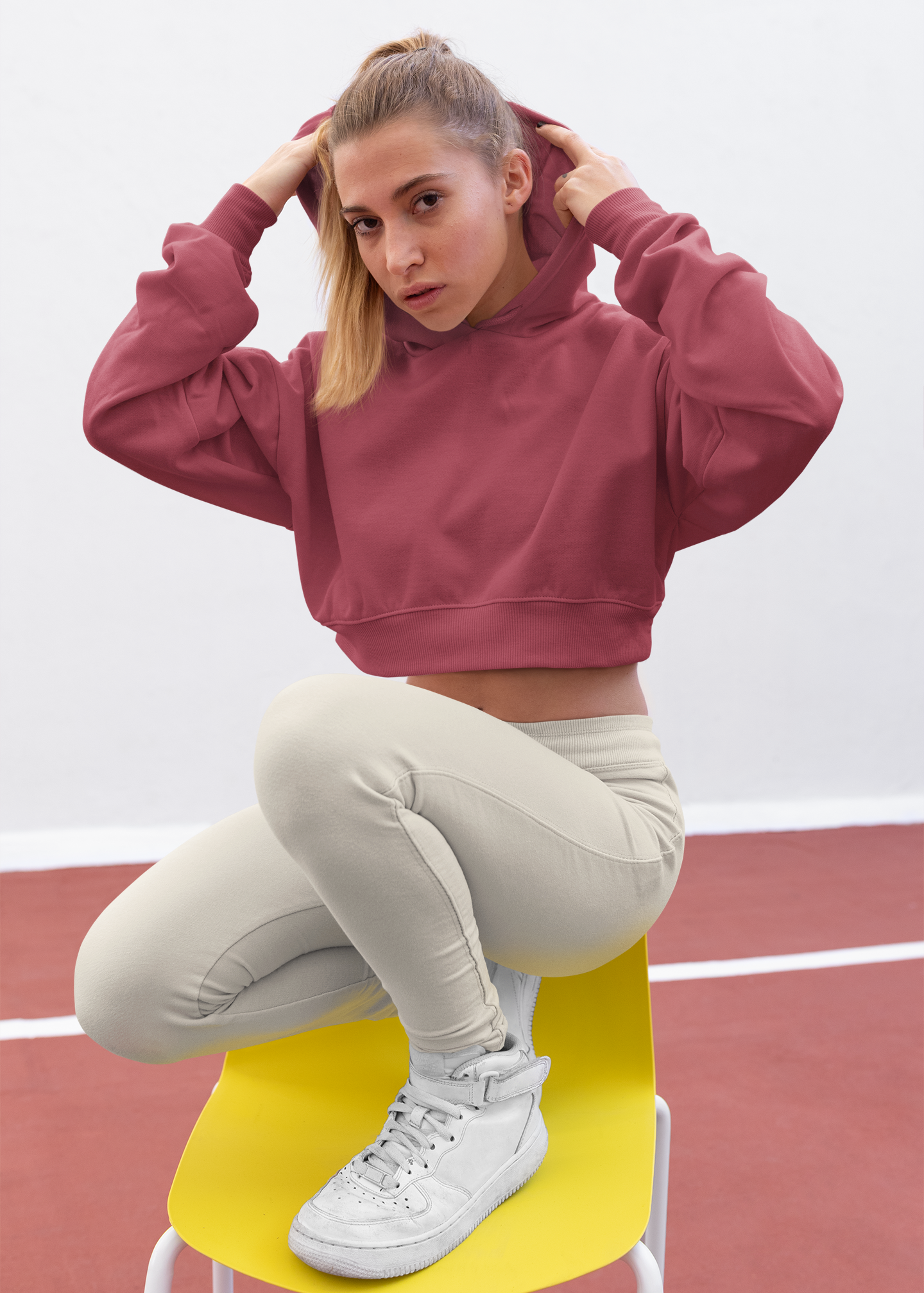 Crop Top Plain Hooded Sweatshirt - Maroon