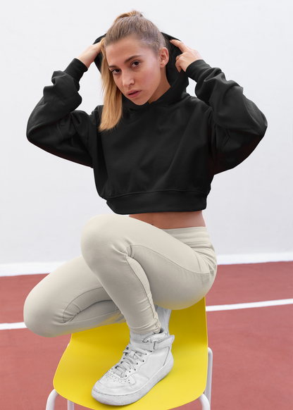 Crop Top Plain Hooded Sweatshirt - Black