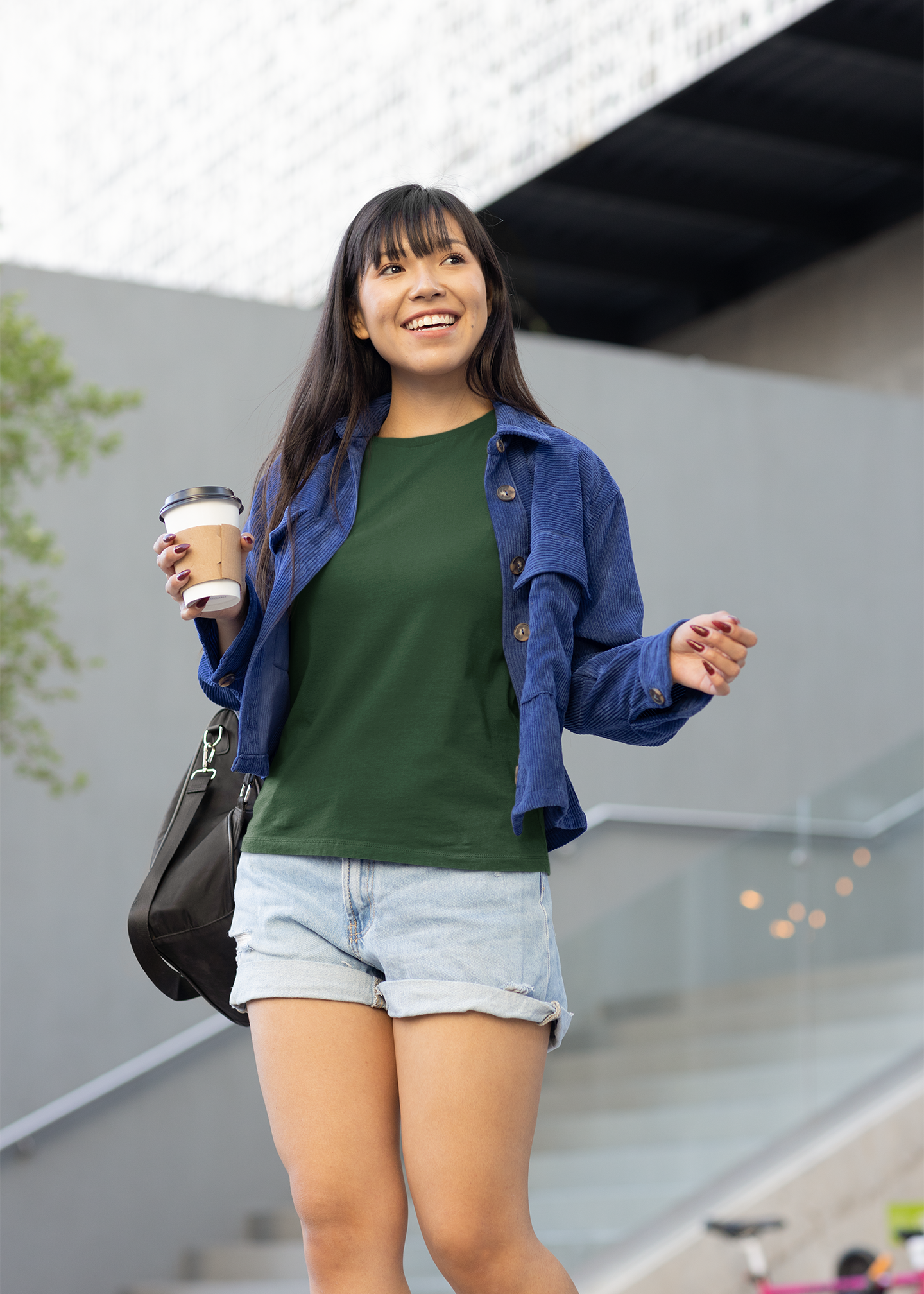 Round Neck Half Sleeve Plain T-Shirt - Dark Green - Women