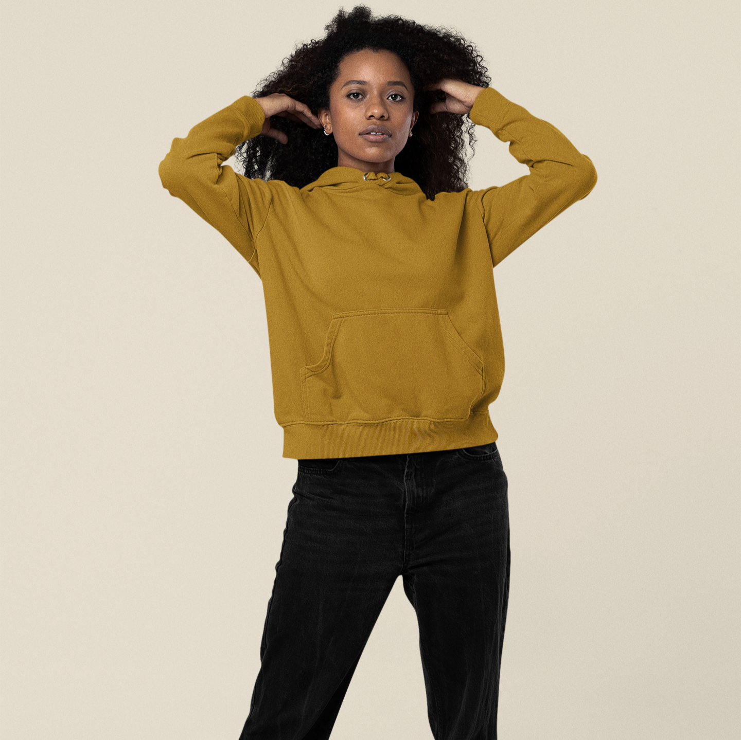 Hooded Plain Sweatshirt - Mustard Yellow - Women