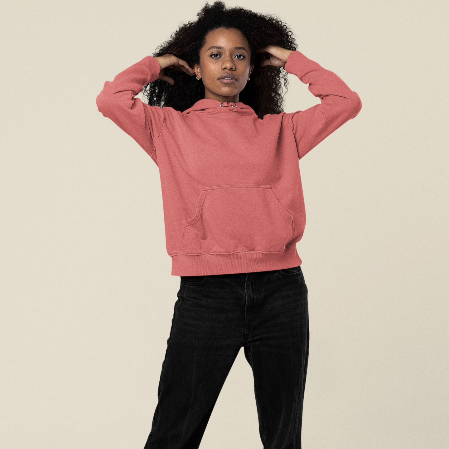 Hooded Plain Sweatshirt - Coral - Women