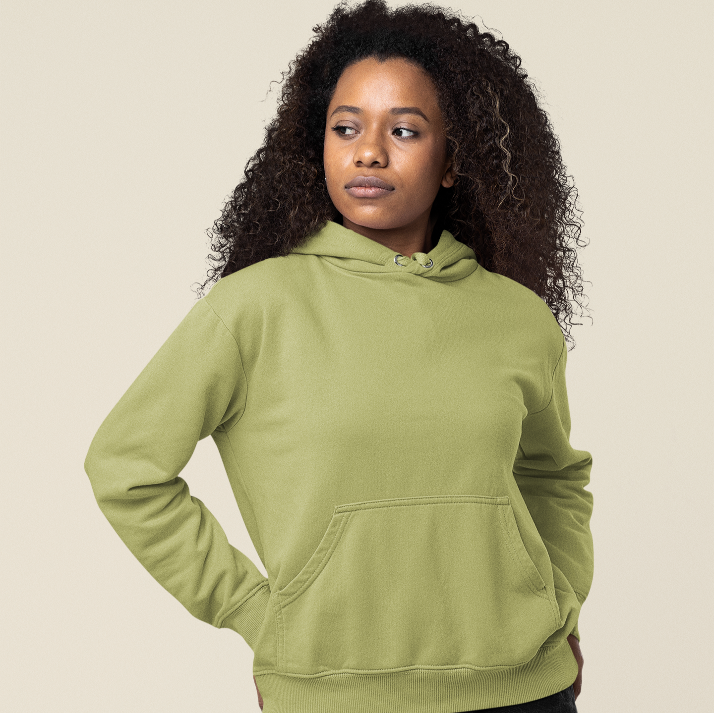 Hooded Plain Sweatshirt - Olive Green - Women