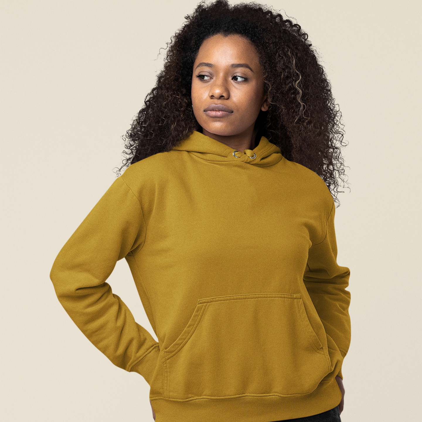 Hooded Plain Sweatshirt - Mustard Yellow - Women