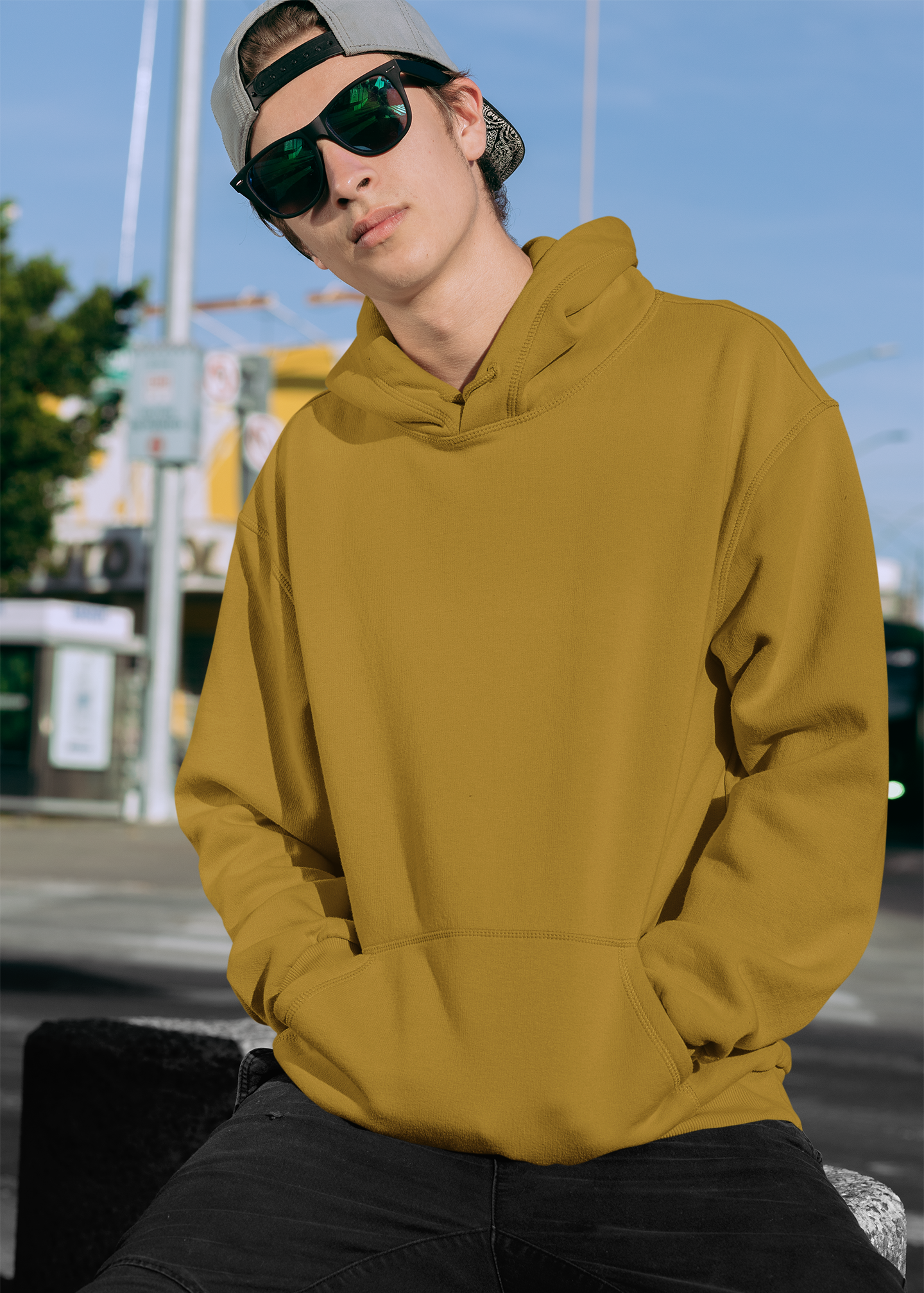 Hooded Plain Sweatshirt - Mustard Yellow - Men