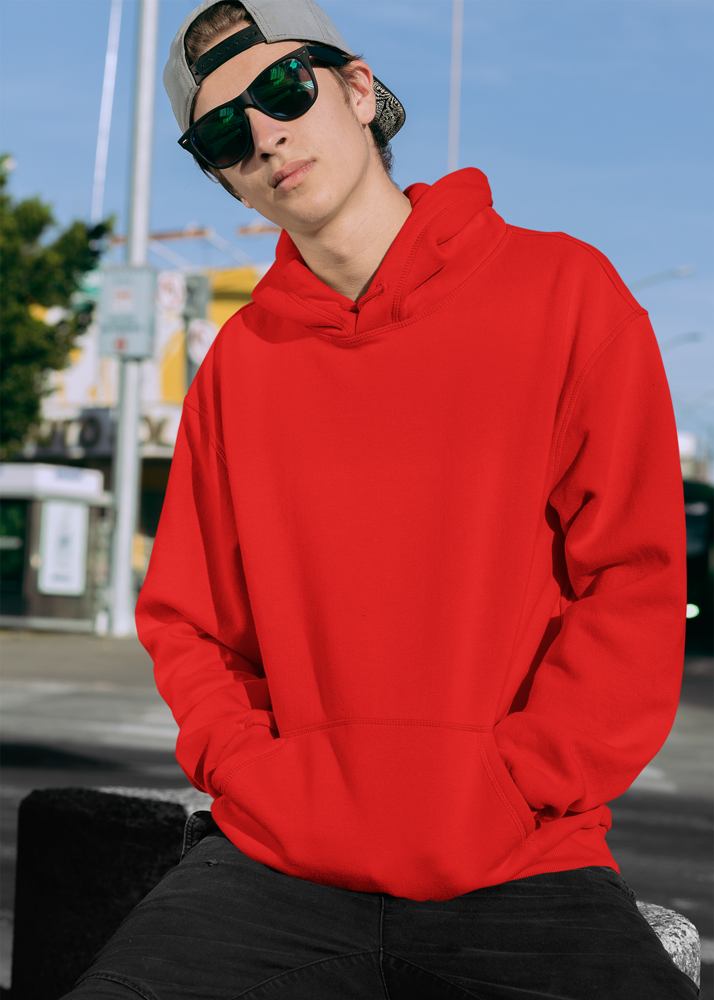Hooded Plain Sweatshirt - Red - Men