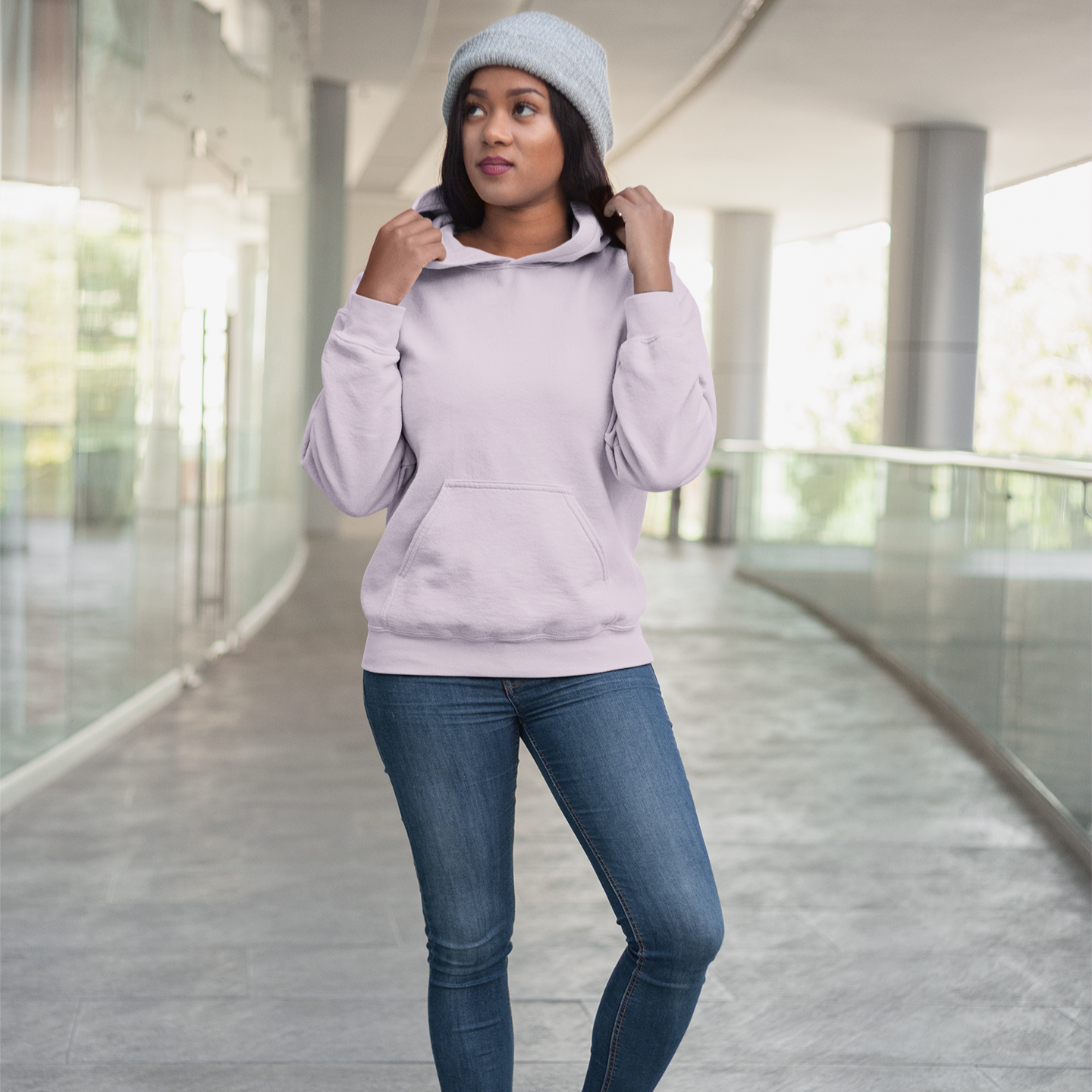 Hooded Plain Sweatshirt - Baby Pink - Women