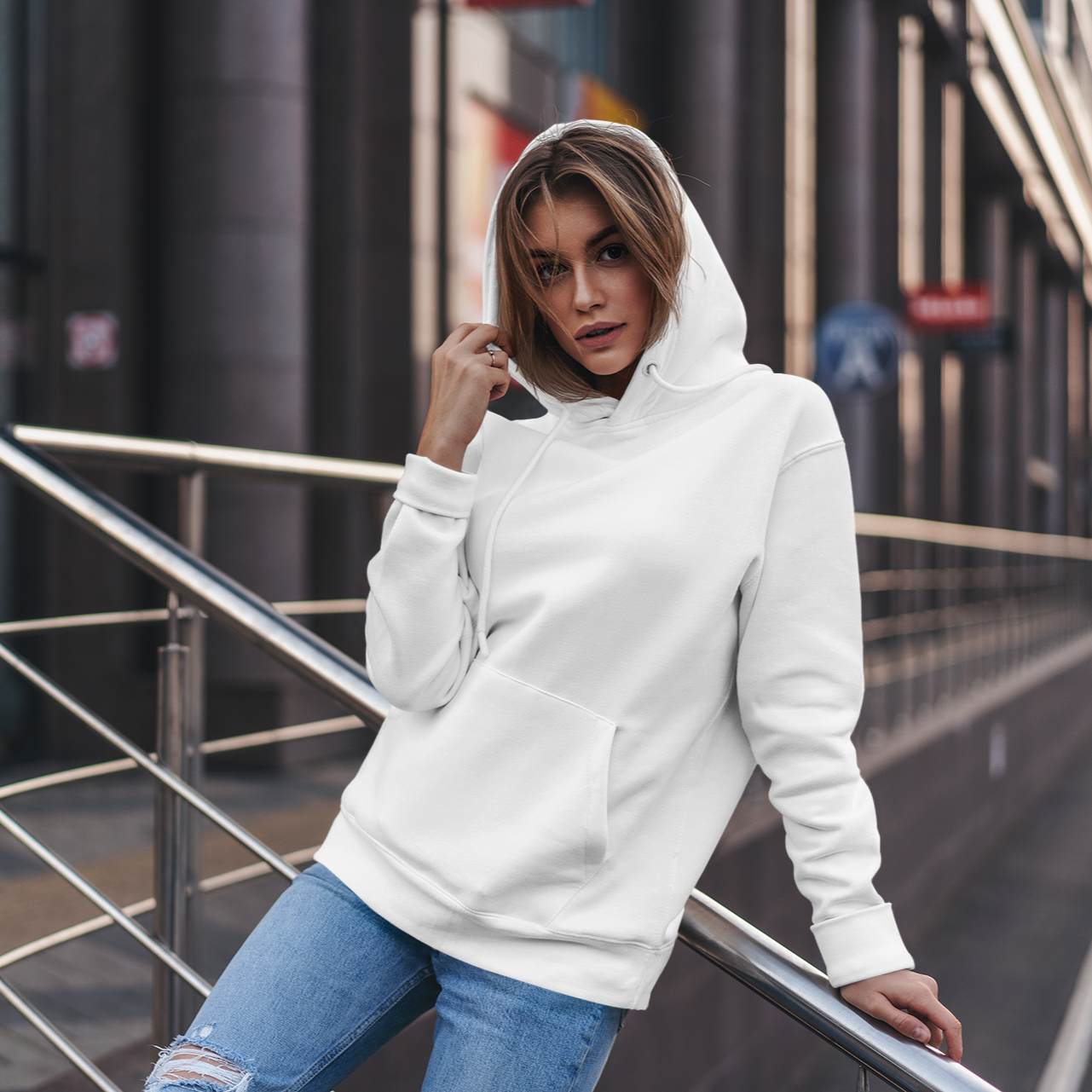 Hooded Plain Sweatshirt - White - Women