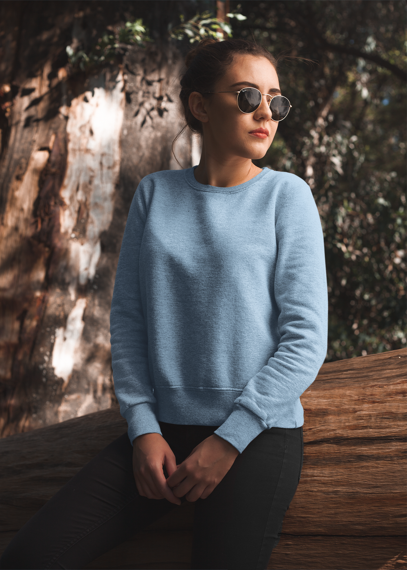 Round Neck Sweatshirt Plain - Baby Blue - Women