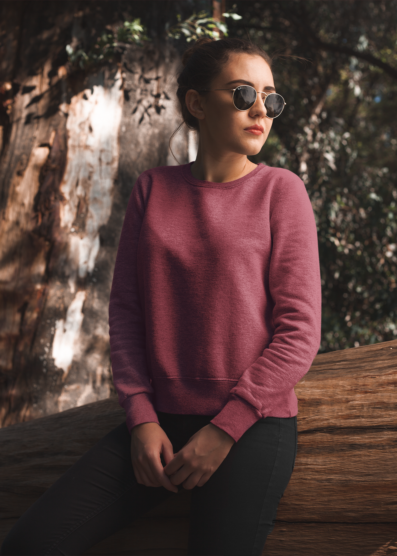 Round Neck Sweatshirt Plain - Maroon - Women