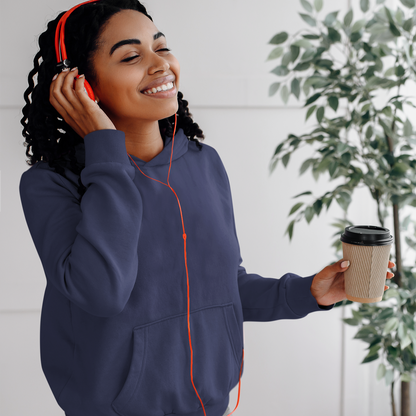 Hooded Plain Sweatshirt - Navy Blue - Women