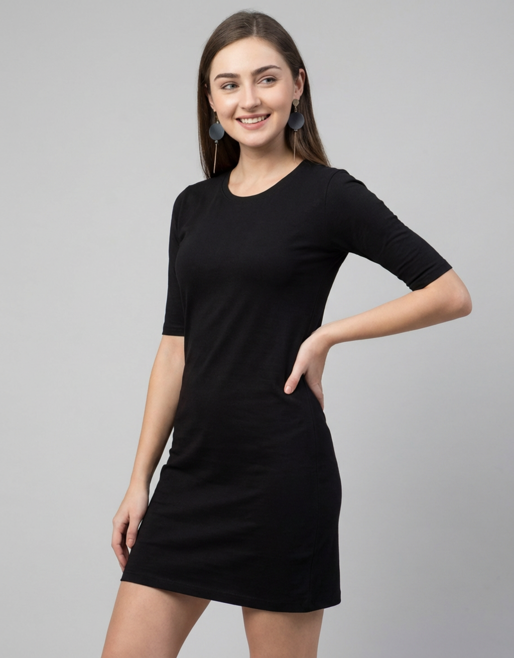 Black Plain Long T-Shirt Dress for Women With Pockets