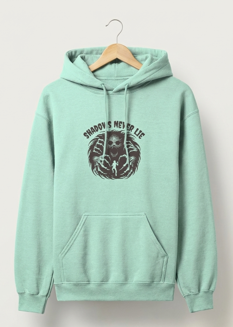Mint green hoodie with graphic design on a white background