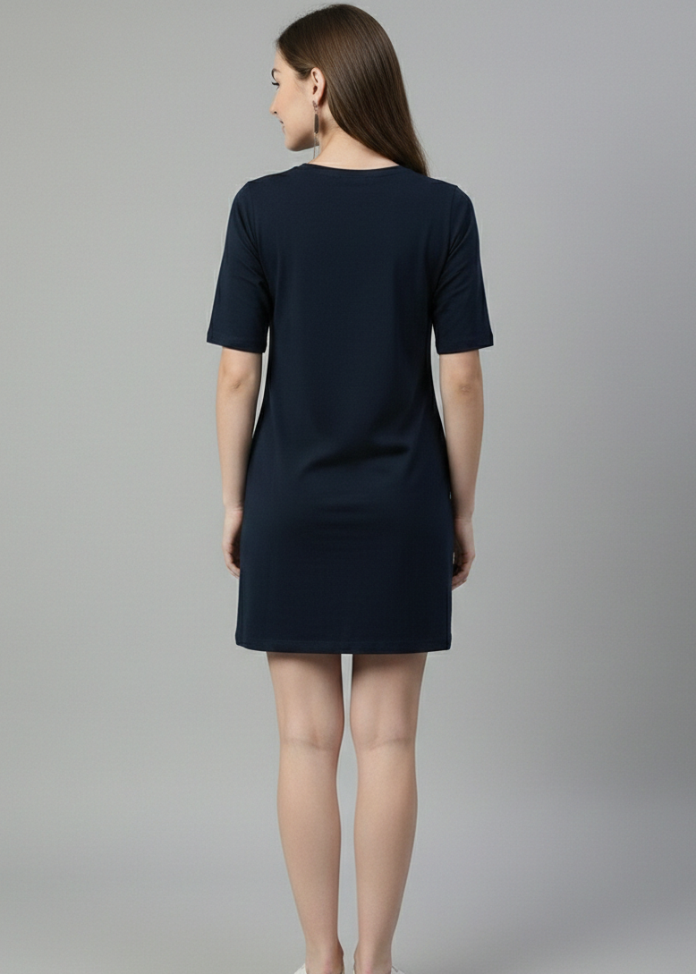 Navy Blue Long T-Shirt Dress for Women With Pockets