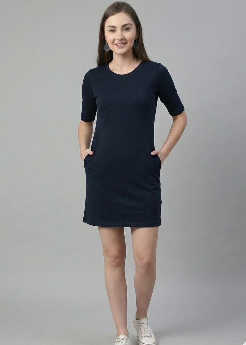 Navy Blue Long T-Shirt Dress for Women With Pockets