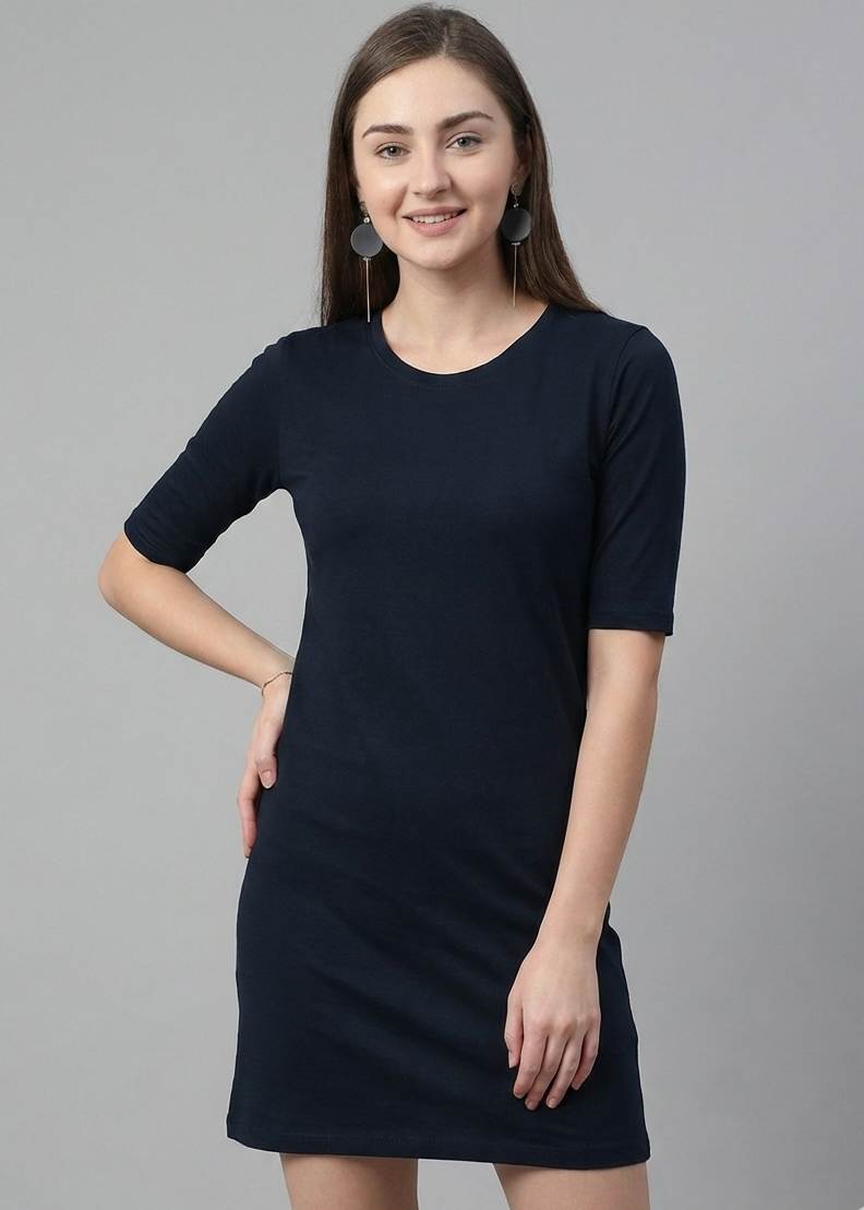 Navy Blue Long T-Shirt Dress for Women With Pockets