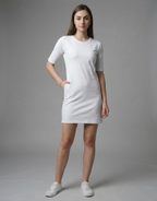 White Long T-Shirt Dress for Women With Pockets