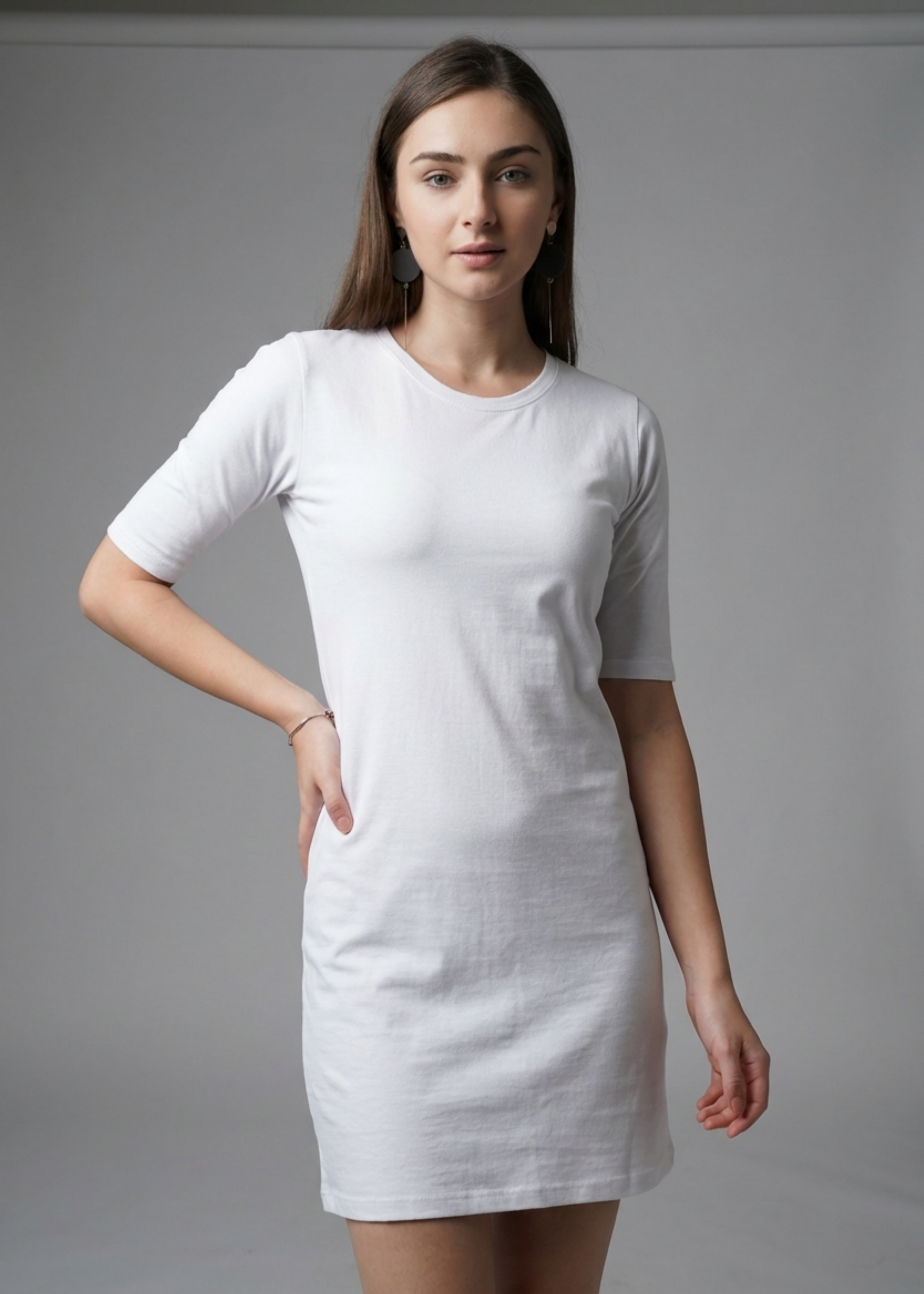 White Long T-Shirt Dress for Women With Pockets