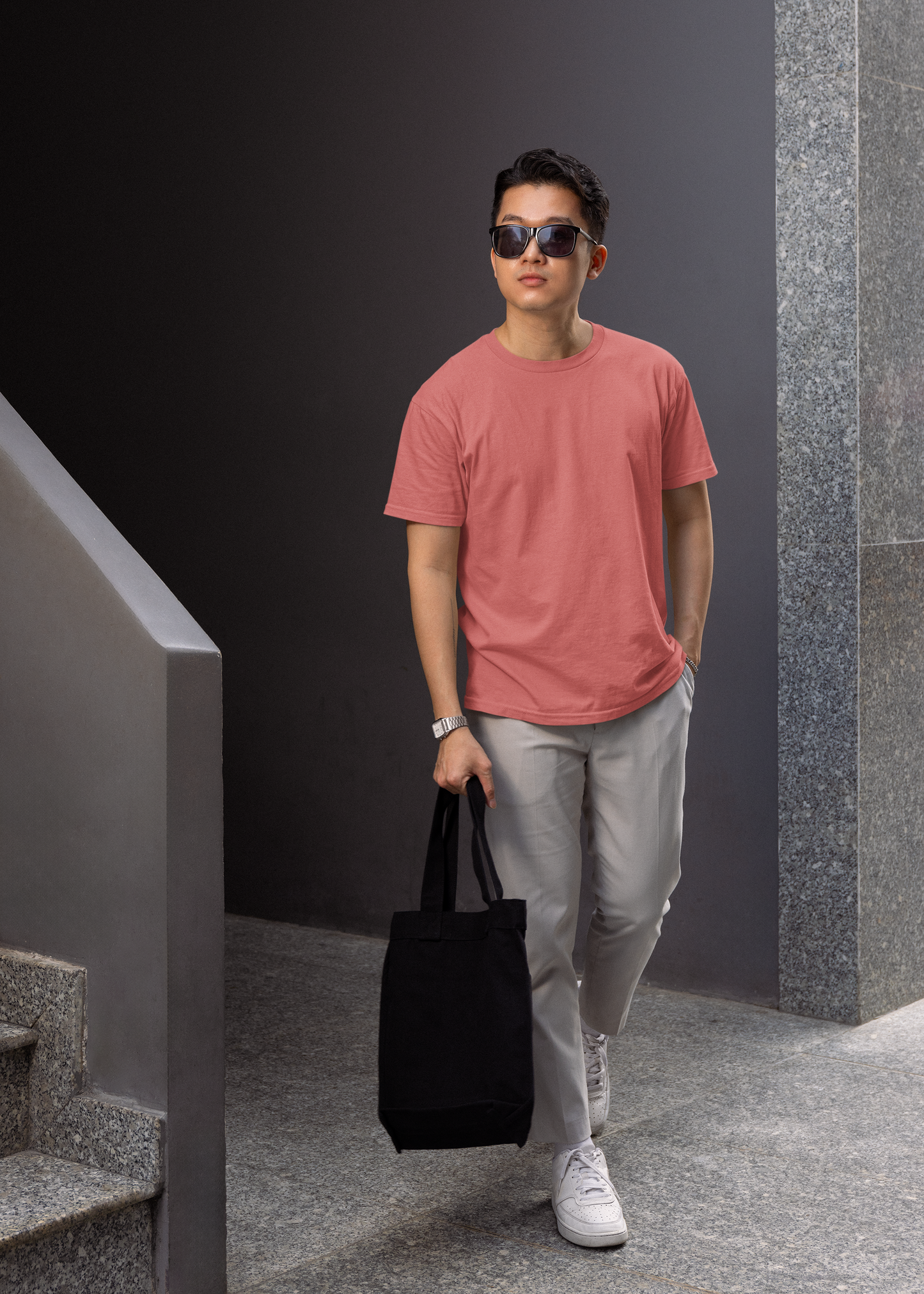 Round Neck Half Sleeve Plain T-Shirt - Coral - Men