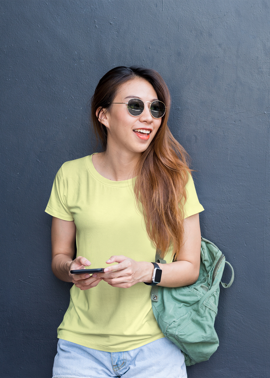 Round Neck Half Sleeve Plain T-Shirt - Yellow - Women