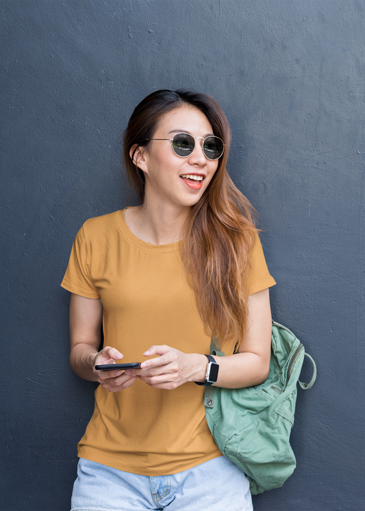 Round Neck Half Sleeve Plain T-Shirt - Mustard Yellow - Women