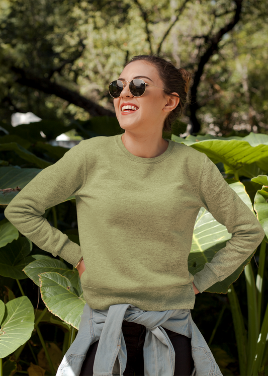 Round Neck Sweatshirt Plain - Olive Green - Women