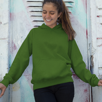 Hooded Plain Sweatshirt - Dark Green - Women