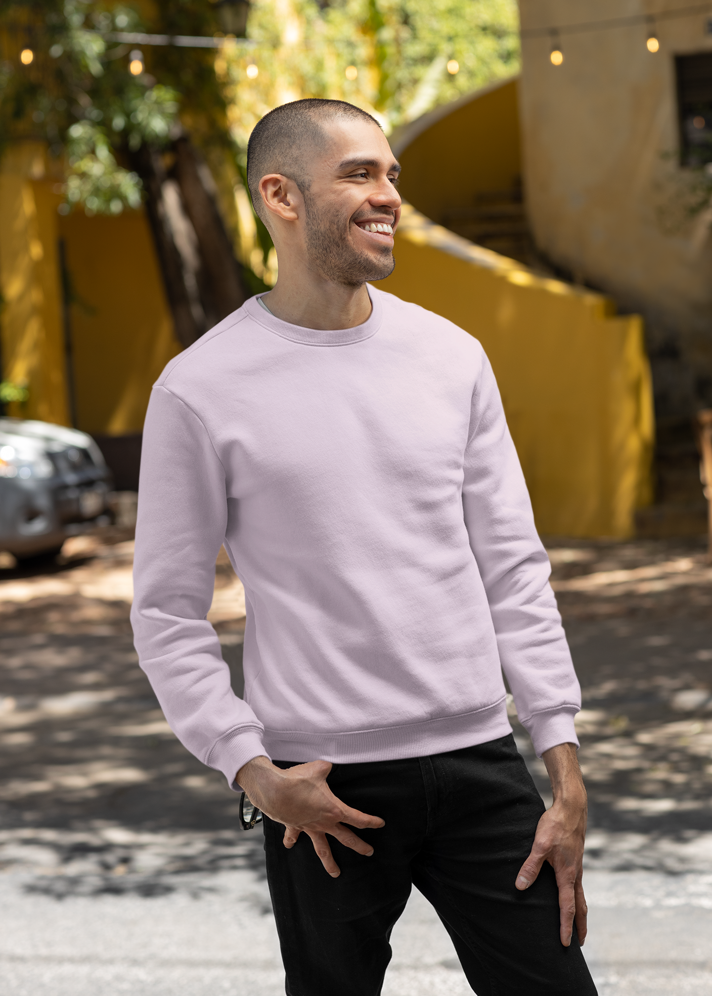 Round Neck Sweatshirt Plain - Baby Pink - Men