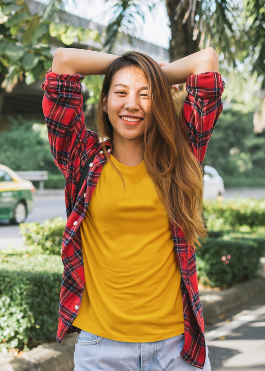 Round Neck Half Sleeve Plain T-Shirt - Golden Yellow - Women