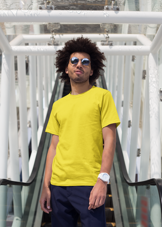 Round Neck Half Sleeve Plain T-Shirt - Yellow - Men